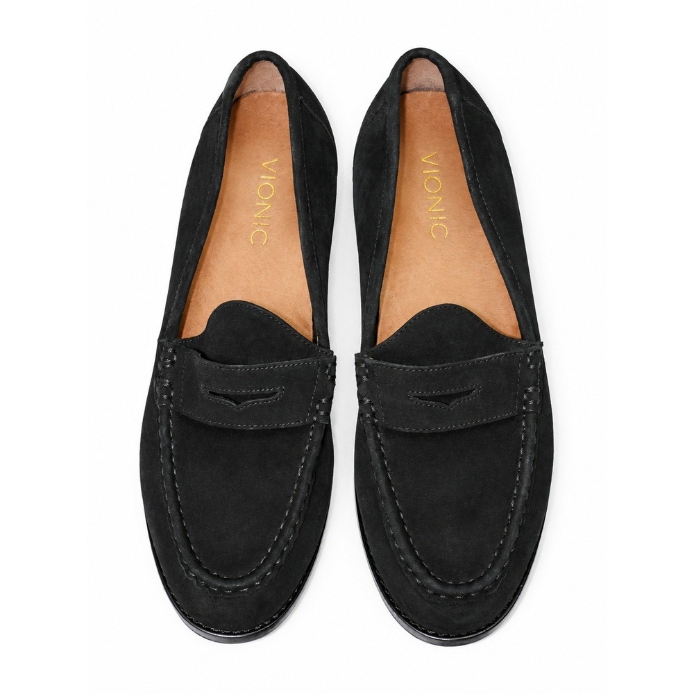 Vionic Womens Black Suede Penny Loafers Slip On Comfort Flat Shoes Size 6